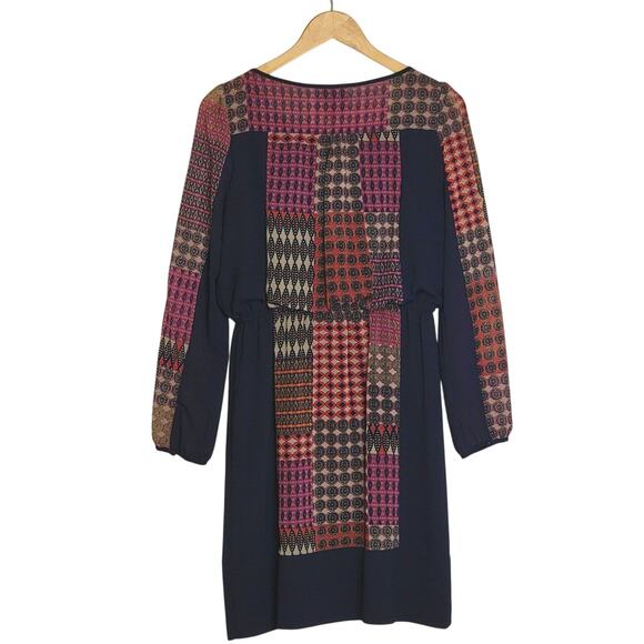 Anthropologie Maeve Peasant Patchwork Print Boho Dress Mini Navy Blue Red Tan XS - Picture 8 of 16